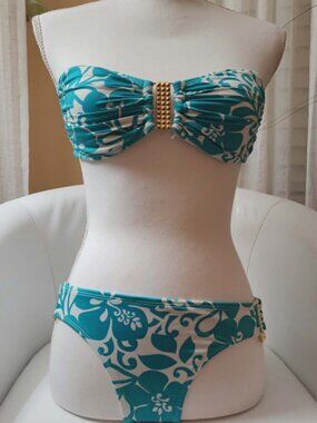 Xhilaration Bandeau Bikini Set Blue White Floral Gold Accent Top M Bottom S
